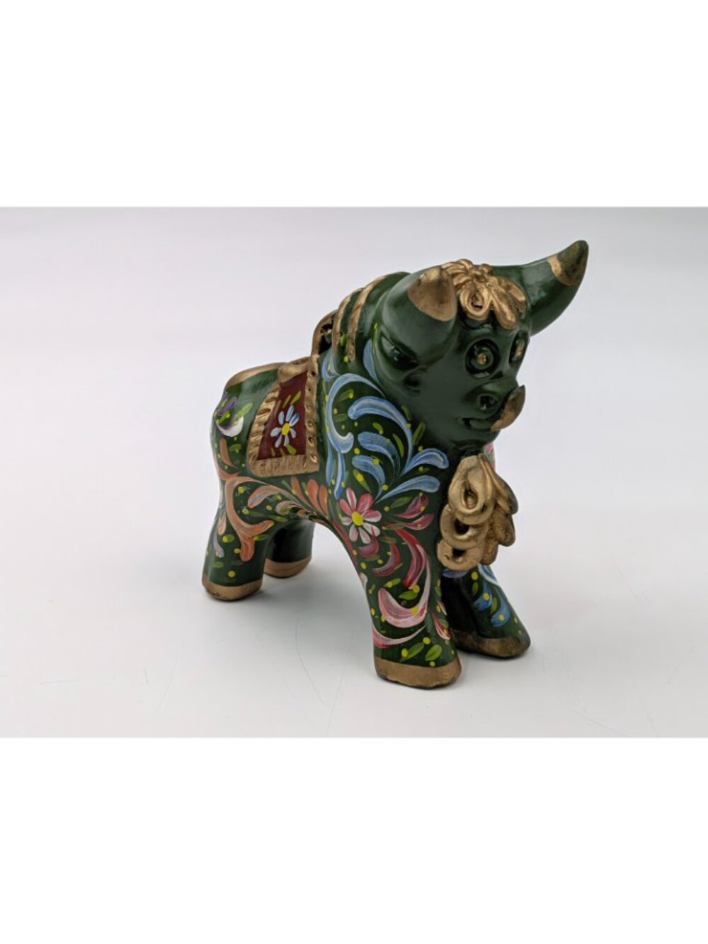 Peruvian Green Pucara Bull 4.5" Folk Art Ceramic Multicolor Peru Figurine - Picture 7 of 10